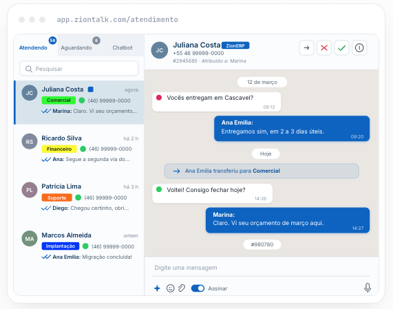 Tela de atendimento do ZionTalk mostrando conversas, filas por departamento e transferência entre setores
